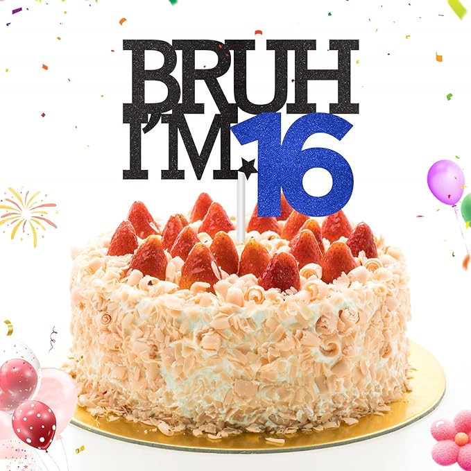 Bruh I'm 16 Cake Topper, Happy 16th Birthday Decorations for Boy, Funny 16th Birthday Cake Topper Birthday Party Decoration Supplies