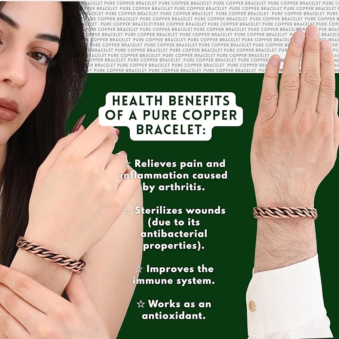 Handmade Elegant Copper Bracelet for Women and Men-Pure Copper Bracelet for Pain Relief and Stress Relief-Adjustable, Thickest, Twisted Copper Wire Bracelet to Fit many Size Wrist(folded)