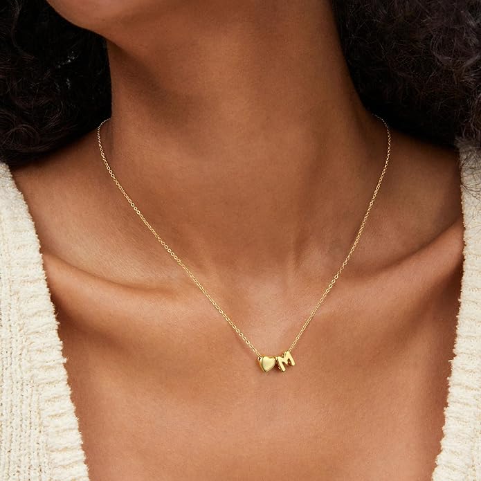 M MOOHAM Valentines Gifts for Kids Her - Heart Initial Necklaces for Women Girls 14K Gold Plated Tiny Heart Necklace Jewelry for Kids Personalized Birthday Gifts for Teen Girls Trendy