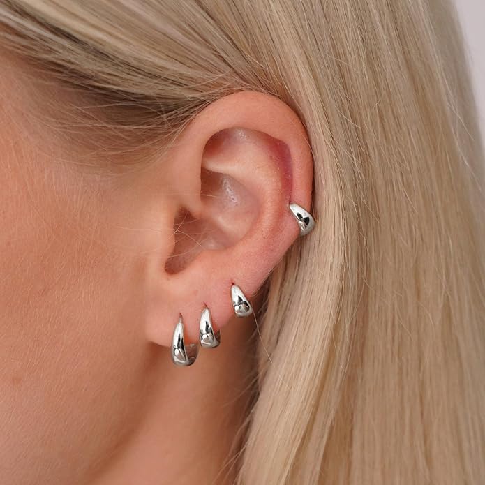 CHESKY 4 Pairs Small Huggie Hoop Earrings for Women - Chunky 14K Gold Plated/Silver Plated Lightweight Earring Stacks Cartilage Hoop Earrings Set for Multiple Piercing Trendy Jewelry