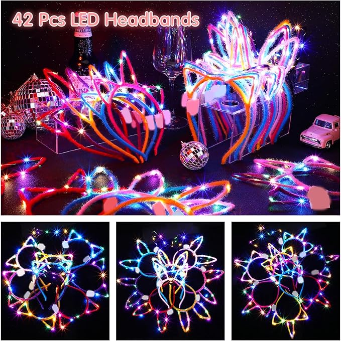 Giegxin 42 Pcs LED Halloween Glow in the Dark Headband Set, 14 Unicorn Style Light up Headband 14 Cute Cat Ear Luminous 14 Rabbit Bunny Ear for Party Decorations Women Adult Birthday Gift