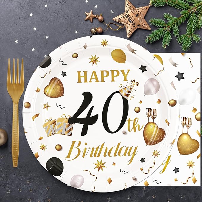 75PCS 40th Birthday Plates and Napkins Party Decorations, 7 Inch White and Gold Happy 40th Birthday Paper Dessert Cake Plates and Napkins Set Disposable Tableware Party Favors for Women Men