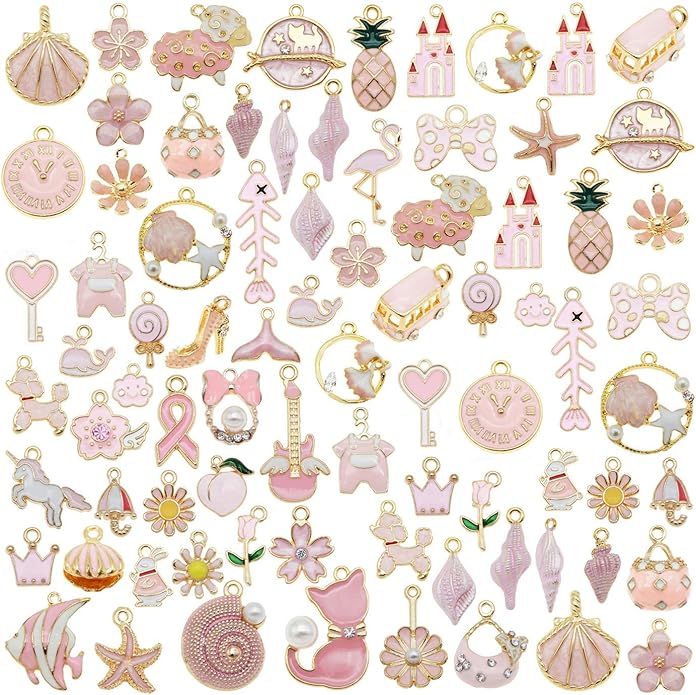 40pcs(20PAIRS) Assorted Gold Tone Enamel Animals Fruit Moon Star Dainty Dangle Flowers Pendants Charms for Jewelry Making Necklace Bracelet, Pink Theme