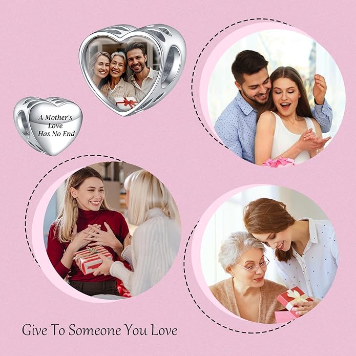 Annmors Personalized Photo Charms For Bracelets/Necklace 925 Sterling Silver Love Heart Shaped Engraved Customize Picture Gift for Birthday Mother's Day,Bead Charms Jewelry for Women