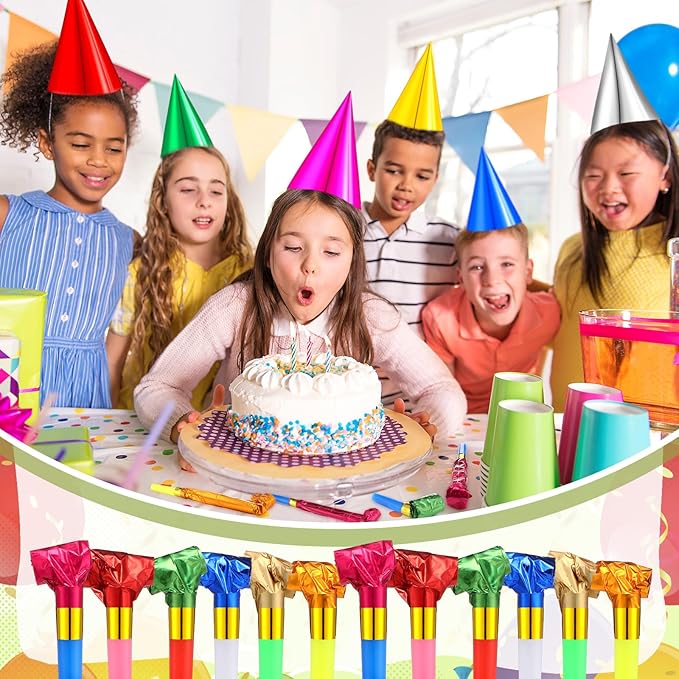 300 Pcs Birthday Party Cone Hats and Colorful Noisemakers Blowers Set Metallic Foil Paper Cone Hats Noisemakers Blow Whistle for Kids Children Adults Birthday Party Supplies