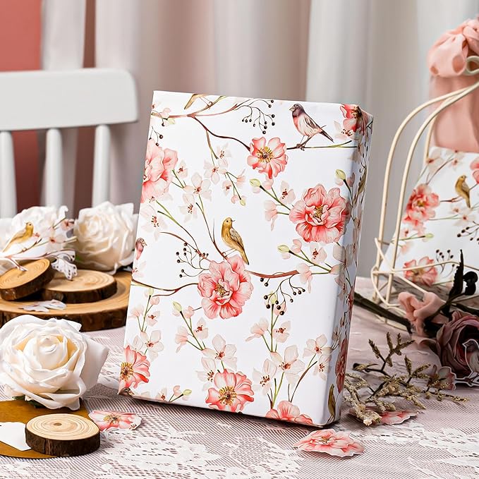 MIMUTI Watercolor Floral Wrapping Paper - Mini Roll - 17 Inch x 33 Feet - Red Gift Wrap with Flower and Bird Design for Girls, Wedding, Mother’s Day, Birthday, Valentine’s Day