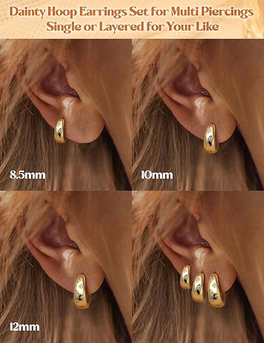 14K Gold Plated Hoop Earrings Set for Women - 3Pairs Chunky 14K Gold Plated Silver Huggie Earrings Small Earrings Lightweight Hypoallergenic MultiColored CZ Hoop Earrings Stacks for Multiple Piercing