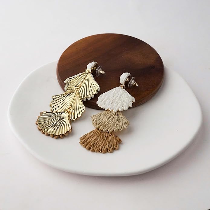 Raffia Dangle Earrings for Women - Boho Statement Rattan Drop Jewelry with Shell Design, Lightweight Summer Beach Trendy Accessories