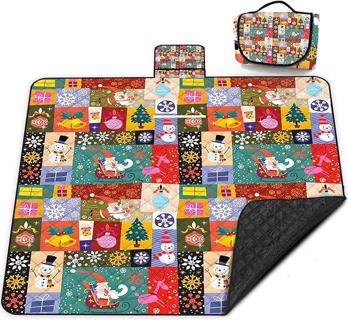 Poedist Extra Large Picnic Blanket Waterproof,80"x 80"Foldable Machine Washable Beach Blanket,Outdoor Blanket for 6-8 Adults,Suitable for Crawling,Park Beach,Camping,Hiking,Family, Christmas