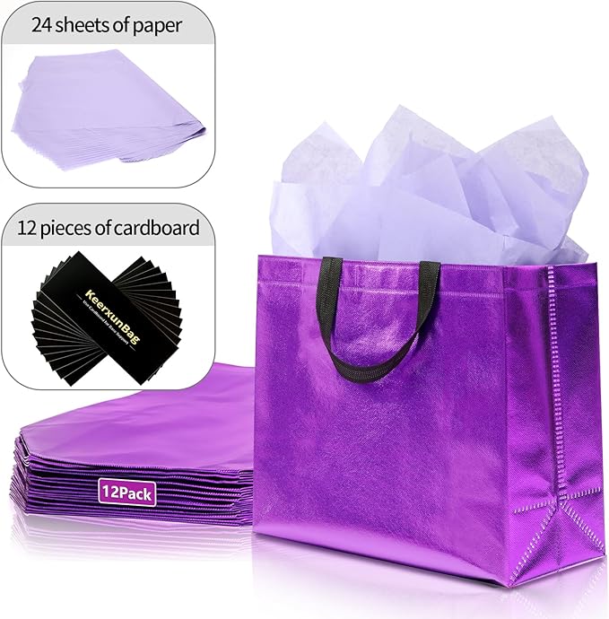 KeerxunBag 12Pcs Reusable Gift Bags（Includes Tissue Paper） Gift bag with handle Birthdays Parties Holidays Weddings Medium 13x5x11in Purple Gift Bags