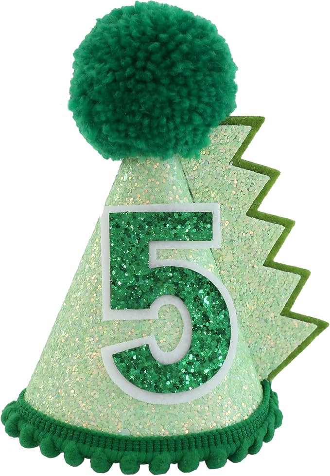 Green Glitter Dinosaur Birthday Cone Hat for 1-5 Years Old Kids Boys Dino Dinousour Birthday Hat Party Decoration