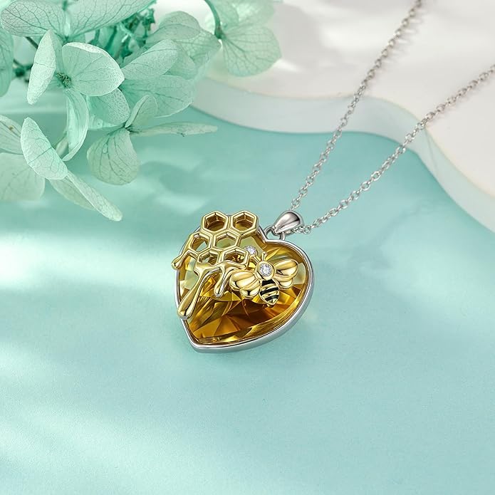 SNOWELLE Bee Necklace 925 Sterling Silver Heart Honey Bee Pendant Honeycomb Necklace Cute Animal Jewelry Gifts for Women