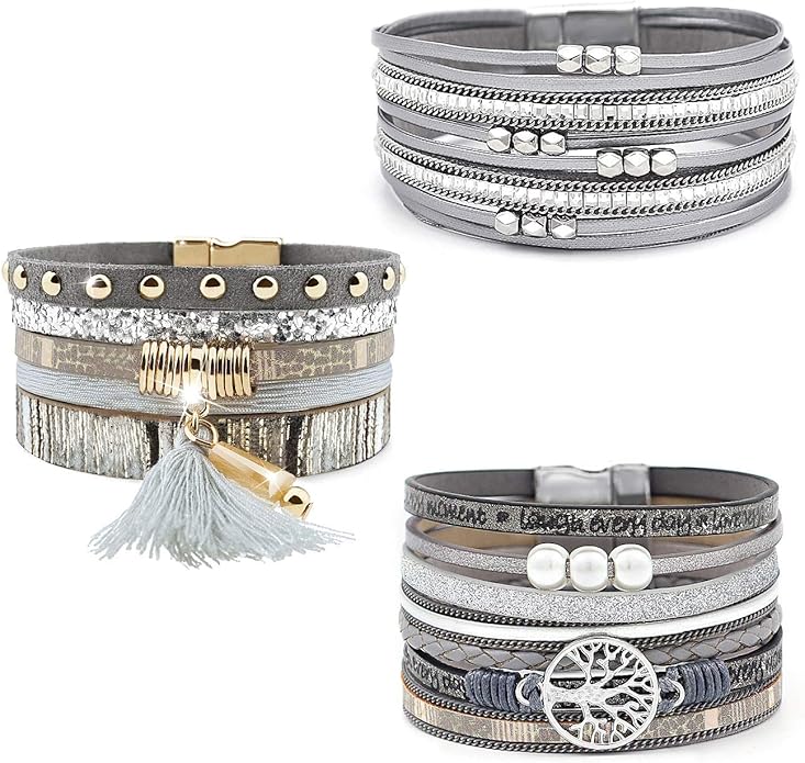 Wowanoo 3Pack Leather Cuff Bracelet Set Multilayer Wrap Bracelet Crystal Feather Tree Bracelet Magnetic Clasp Bracelet for Women