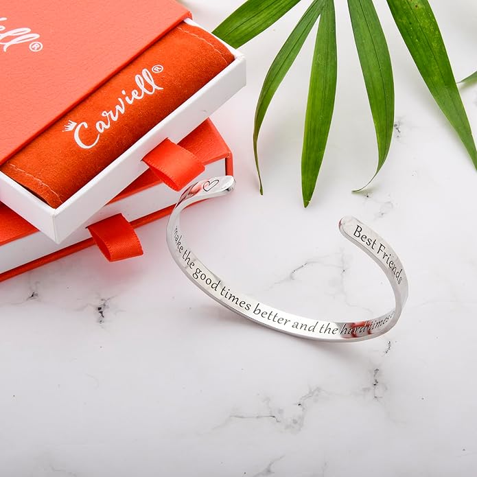 Carviell Engraved Cuff Bracelets for Women – Inspirational, Friendship, Love, Mom, Daughter, Sister, Christian, Graduation, Memorial & Wedding Gifts – 80+ Phrases – Stainless Steel, Gift-Ready