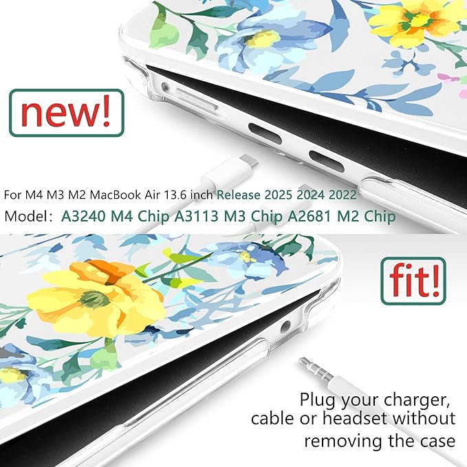 TWOLSKOO Compatible with M4 MacBook Air 13.6 inch Case 2025-2022 Release M4 A3240 M3 A3113 M2 A2681, Plastic Hard Shell & Keyboard Cover & Type C Adapter & Screen Protector, Blue Flowers