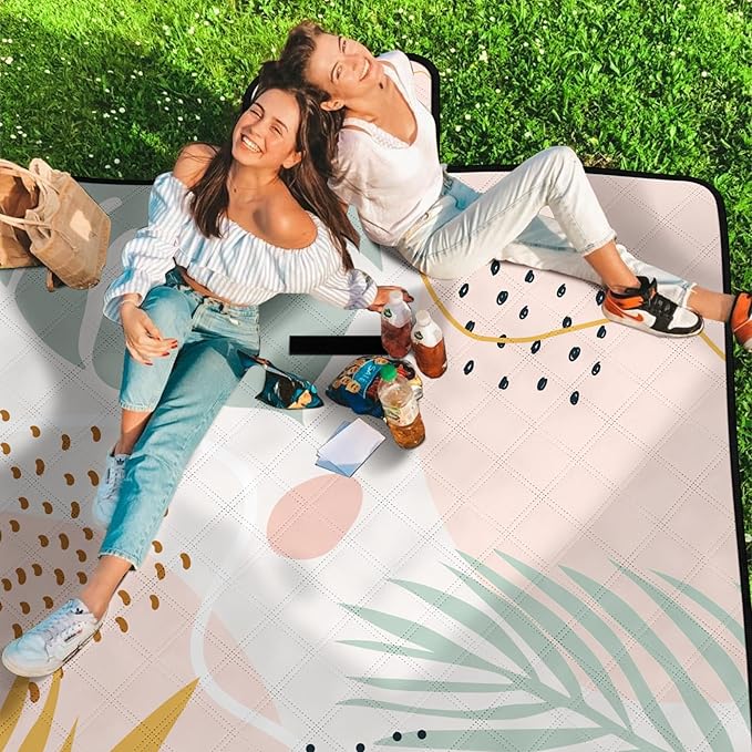 Picnic Blankets,79''x79'' Extra Large Sandproof Waterproof Beach Blanket,Foldable Portable 3-Layer Polyester Outdoor Picnic Blanket for Grass Lawn,Beach,Family Camping,Park,Travel-Tropical Leaves