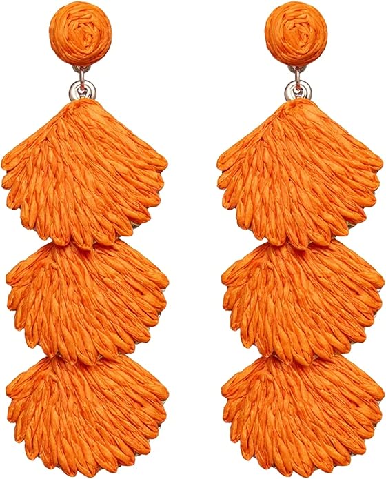 Raffia Dangle Earrings for Women - Boho Statement Rattan Drop Jewelry with Shell Design, Lightweight Summer Beach Trendy Accessories