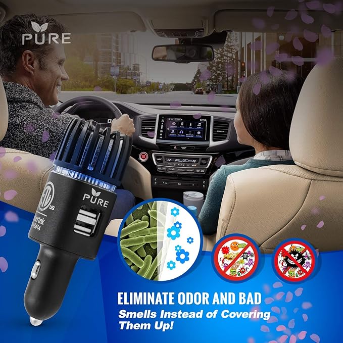 Car Air Purifier ARB Certified 3in1 Premium Stainless Steel Air Filter Ionizer w/Dual USB Ports - Eliminate Allergens Odor Smell, Smoke, Pets, Pollen Mold Bacteria w/Anti-Microbial Deodorizer
