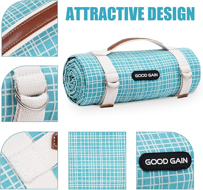 G GOOD GAIN Picnic Outdoor Blankets Waterproof Large - Beach Mat Sand Free Foldable with Carry Strap | Portable Camping Blanket | Park Blanket for Grass Park, Hiking, Travel, Concerts (Sapphire)