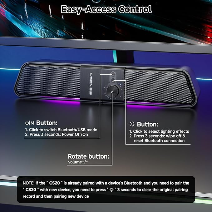 SENZER CS20 2 in 1 Bluetooth Computer Speakers for Desktop, USB Plug & Play Clear Sound PC Speakers with RGB Light, Monitor Sound Bar with Volume Knob, Gaming Speaker for PC Laptop Phone Tablet