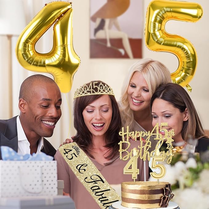 45th Birthday Decorations for Women Gold with 45th Birthday Sash and Tiara, Cake Topper and Candles, Gold Number Balloons, 45 Year Old Gifts for Women