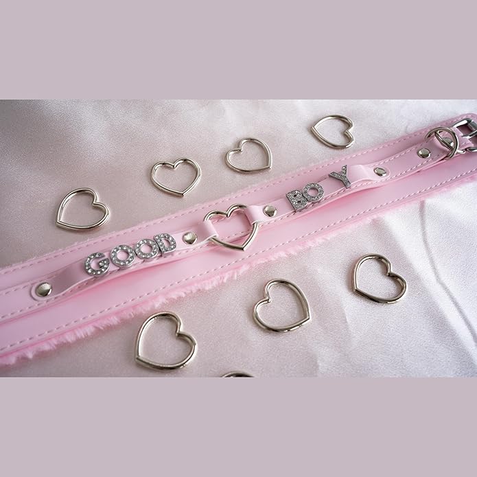 Pink Furry Heart O-ring Leather Choker Collar For Women, Handmade Punk Gothic Letter Necklace Adjustable Fashion Jewelry