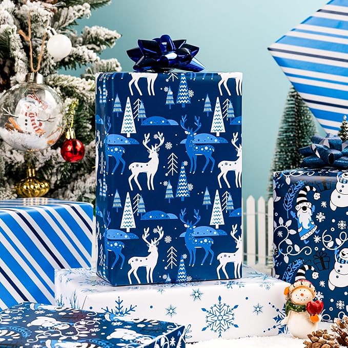 MAYPLUSS Christmas Wrapping Paper Jumbo Rolls - 30IN X 120IN - 4 Roll - Christmas Tree Reindeer Snowman Stripe for New Year Holiday Party Kids