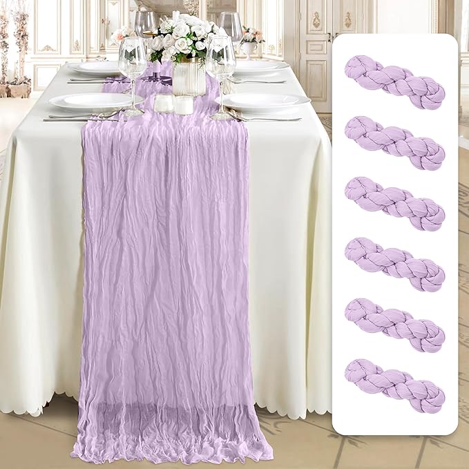 Cheesecloth Table Runner 6 Pack – 35x120 Inch (10ft) Boho Rustic Gauze Cloth Runners – Crinkle Polyester Table Decor for Wedding, Baby Shower, Bridal Shower, Birthday Party and More (Lilac Purple)