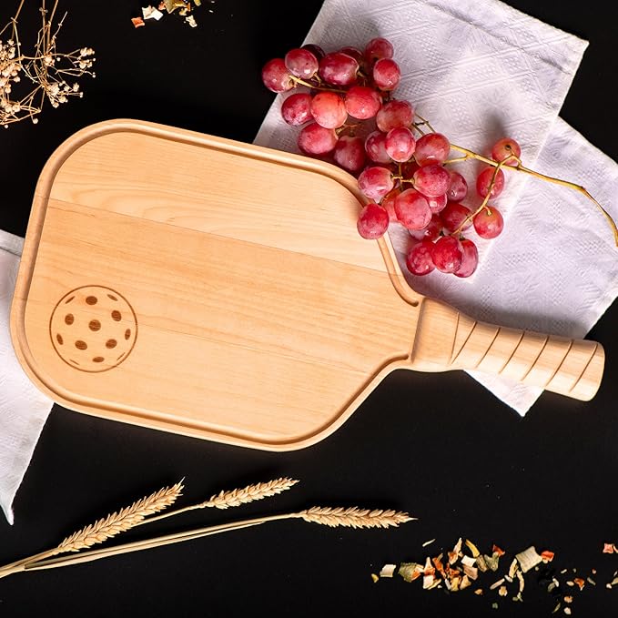 Pickleball Charcuterie & Cutting Board, Pickleball Gift, Partner Size - 17 x 8.5 x 0.75”, Birch Wood, Paddle Shape with Handle, Mineral Oil Finish