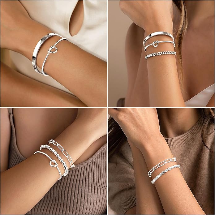 Gold Bracelets Set for Women Non Tarnish, 14K Gold Plated Sterling Silver Chunky Cuff Bracelet Stackable Gold Bangles Bracelet for Women Trendy Fashion Accessories Tie Knot Cuban Rope Paperclip Beaded Bracelet Stack Jewelry Valentines Day Gifts