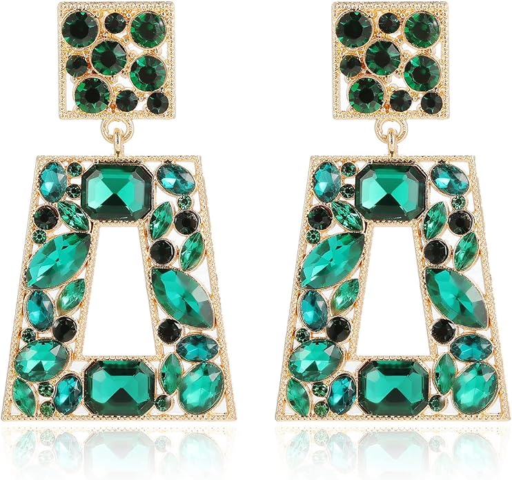 Rhinestone Rectangle Statement Earrings Colorful Crystal Geometric Drop Dangle Earrings for Women Prom Party