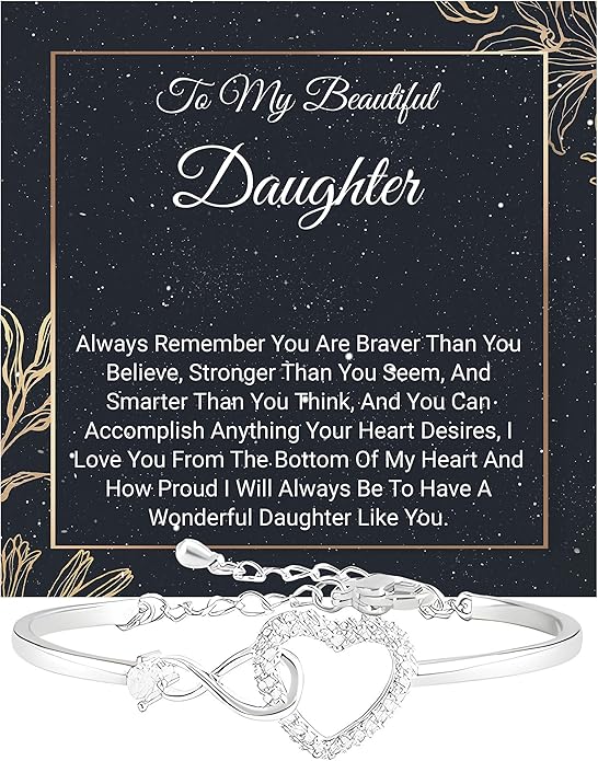 Daughter Infinity Heart Bracelet, Daughter Jewelry Gift From Mom or Dad with Message Card and Box Meaning