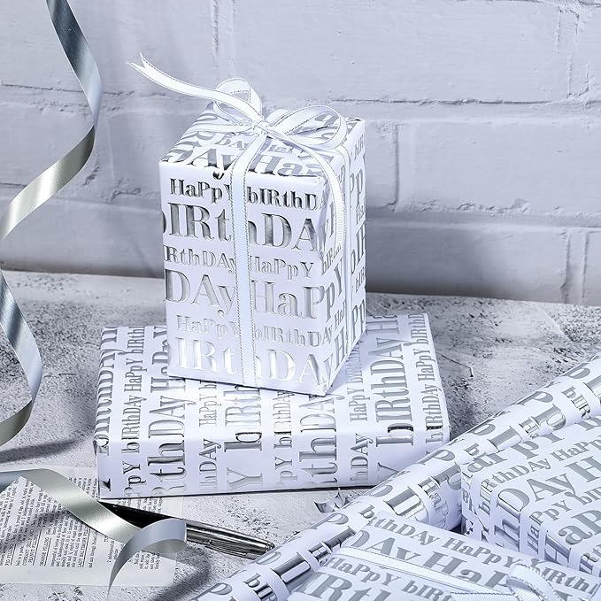 WRAPAHOLIC Jumbo 3D Kraft Birthday Wrapping Paper Roll - 30 Inch x 16.5 Feet - Silver and White Happy Birthday Wrapping Paper with Embossed Perfect for Holiday, Party Celebration