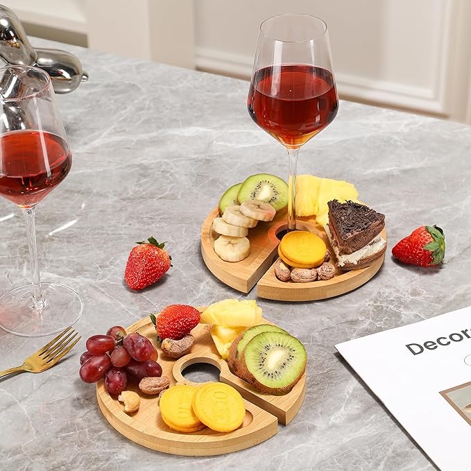 Mini Charcuterie Board with Wine Holder, Wine Glass Charcuterie Topper, Wine Gifts Accessories, Cheese Appetizer Plates for Wine Party Family Gatherings Bars Restaurants, 7.1'' Set of 4