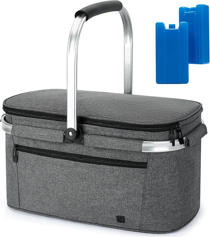 ALLCAMP Picnic Basket - 32L Insulated Cooler, Thickening Foldable Picnic Basket with Removable Baskets & Sewn-in Frame, Basket for House Warming Gifts New Home(Gray)