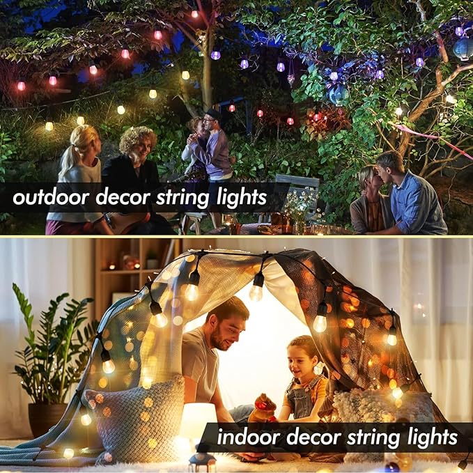Auroraworld 48FT RGB Outdoor String Lights, Dimmable Color Changing Waterproof LED Patio Lights with Remote, 15 Shatterproof Bulbs for Porch Balcony Garden Party Decor
