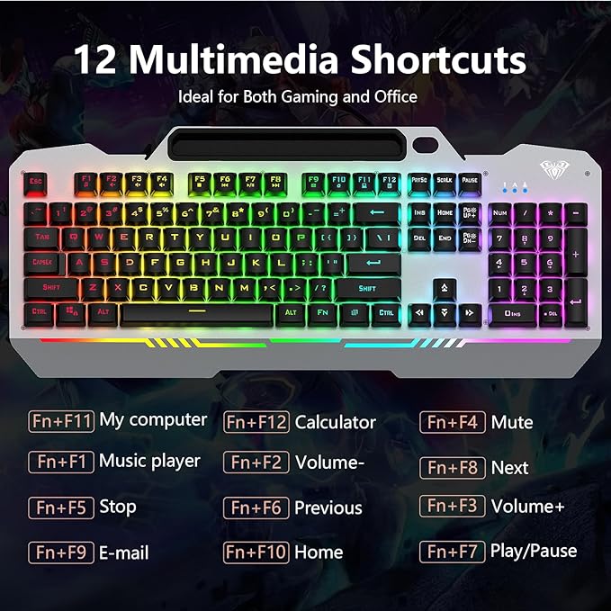AULA Keyboard, T102 104 Keys Gaming Keyboard and Mouse Combo with RGB Backlit Number Pad, All-Metal Panel Waterproof Light Up PC Keyboard, USB Wired Computer Keyboards Gaming for MAC Xbox PC Gamer