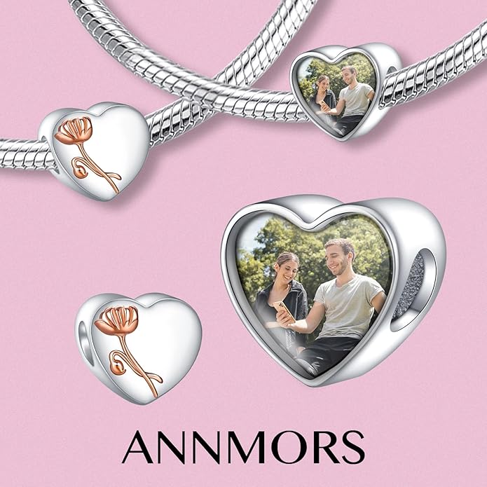 Annmors Personalized Photo Charms For Bracelets/Necklace 925 Sterling Silver Love Heart Shaped Engraved Customize Picture Gift for Birthday Mother's Day,Bead Charms Jewelry for Women