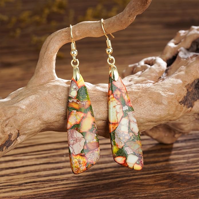 Boho Women Natural Stone Earrings Unique Healing Imperial Jasper Gemstone Energy Hypoallergenic Lightweight Dangle Drop Earrings Multiple Styles Earrings Jewelry for Birthday Party Gift