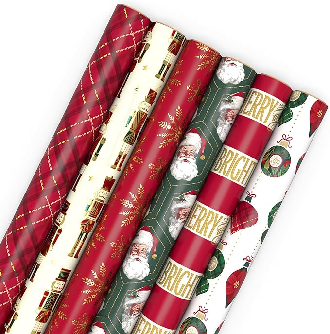Hallmark Christmas Wrapping Paper Rolls with Cutlines on Reverse (6 Rolls: 150 Sq. Ft. Total) Santa Claus, Nutcrackers, Plaid, Snowflakes, Ornaments