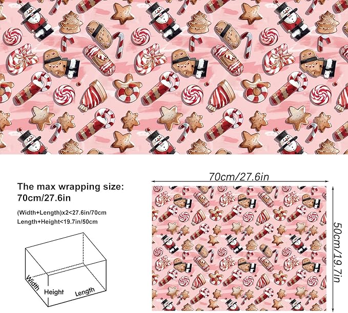 Vnaaem Pink Christmas Wrapping Paper with 4 Nutcracker Gingerbread Design for Christmas Holiday Party Celebration - 20 X 28Inches Per Sheet(8 Pack)