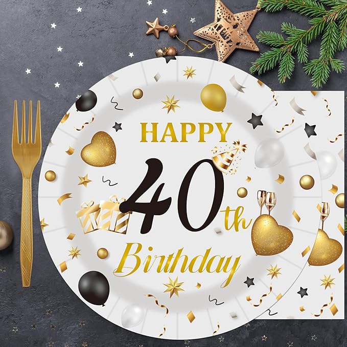 75PCS 40th Happy Birthday Plates and Napkins Party Decorations, 7 Inch Premium Grey and Gold Birthday Paper Dessert Cake Plates and Napkins Disposable Tableware Set Party Supplies for Women Men