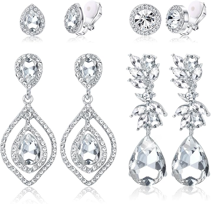 Jstyle 4 Pairs Silver Clip on Earrings for Women Elegant Rhinestone Clip on Earrings Dangle Drop for Brides Bridesmaids Non Pierced Earrings Set