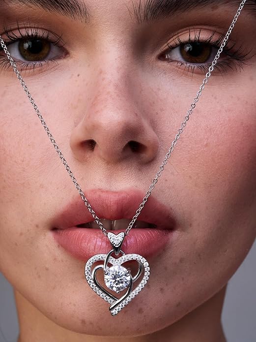Valentines Day Moissanite Pendant Necklace for Women – 925 Sterling Silver Necklace for Women Heart Pendant, Dainty Silver Jewelry Gift Box for Mom Wife Girlfriend – Birthday Anniversary