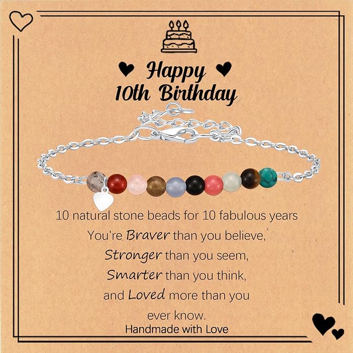 Birthday Gift for 9-16 Year Old, Small Natural Stone Beaded Bracelet Adjustable Heart Charm Bracelet for Daughter Granddaughter Sister Niece Friend on Birthday Graduation with Message Card Gift Box