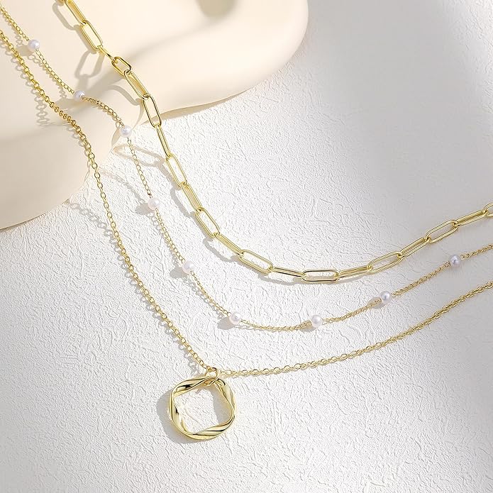 Evabelle Gold Layered Necklace for Women Trendy Jewelry 14K Real Gold Plated Chunky Chain Stackable Necklaces Dainty Choker Necklaces Rectangle Square Pendant