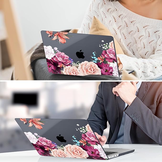 TWOLSKOO for M4 MacBook Air 13.6 inch Case 2025-2022 Release M4 A3240 M3 A3113 M2 A2681, Plastic Hard Shell & Screen Protector & Keyboard Cover & Trackpad Film, Black Peony