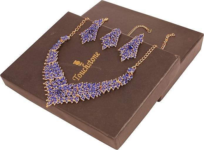 Touchstone Indian Bollywood Tinsel Town Traditional Western Taste Studded Diamond Look Rhinestones Designer Bridal Jewelry Necklace Set for Women