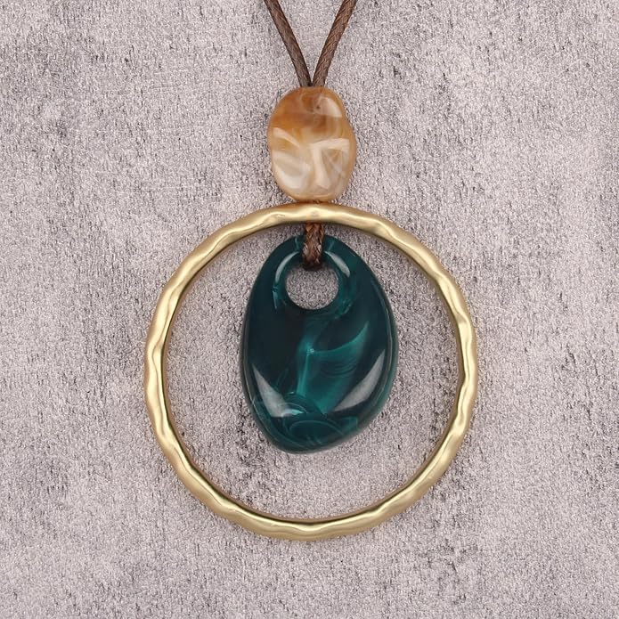 Boho Leather Necklace Women Bohemian Brown Circle Pendant Necklace Choker Long Necklaces for Women Boho Ring Large Pendant