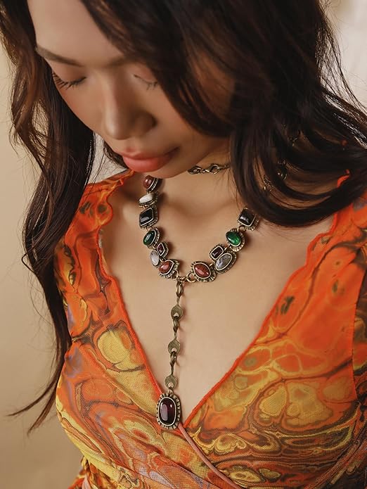 MINACHI Bohemian Created Turquoise Beaded Y-Necklace, Turquoise-toned Multi-shaped Pendant, Dainty Elegant Jewelry for Women